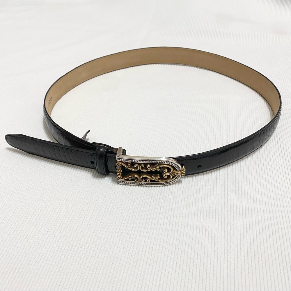 Vintage Brighton Gold & Silver Ornate Belt Buckle Black Leather Embossed Belt